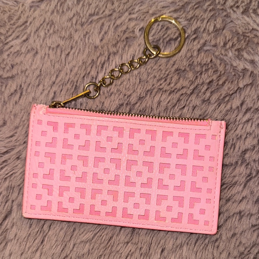 Pink Keychain Wallet texture design gold metal holder zipper closure card holder - Picture 2 of 3
